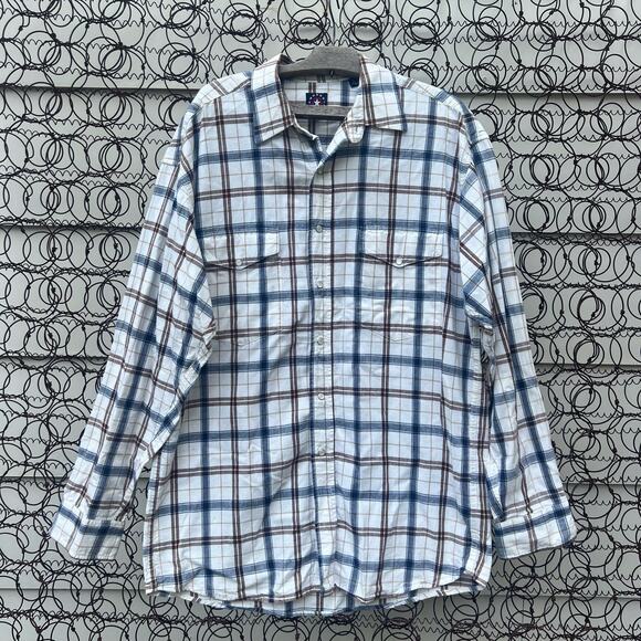 Vintage 90s Panhandle Slim Red Blue White Plaid Check Long Sleeve Western Shirt - Picture 1 of 5